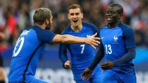 Kante (right) celebrated his goal with France teammates.